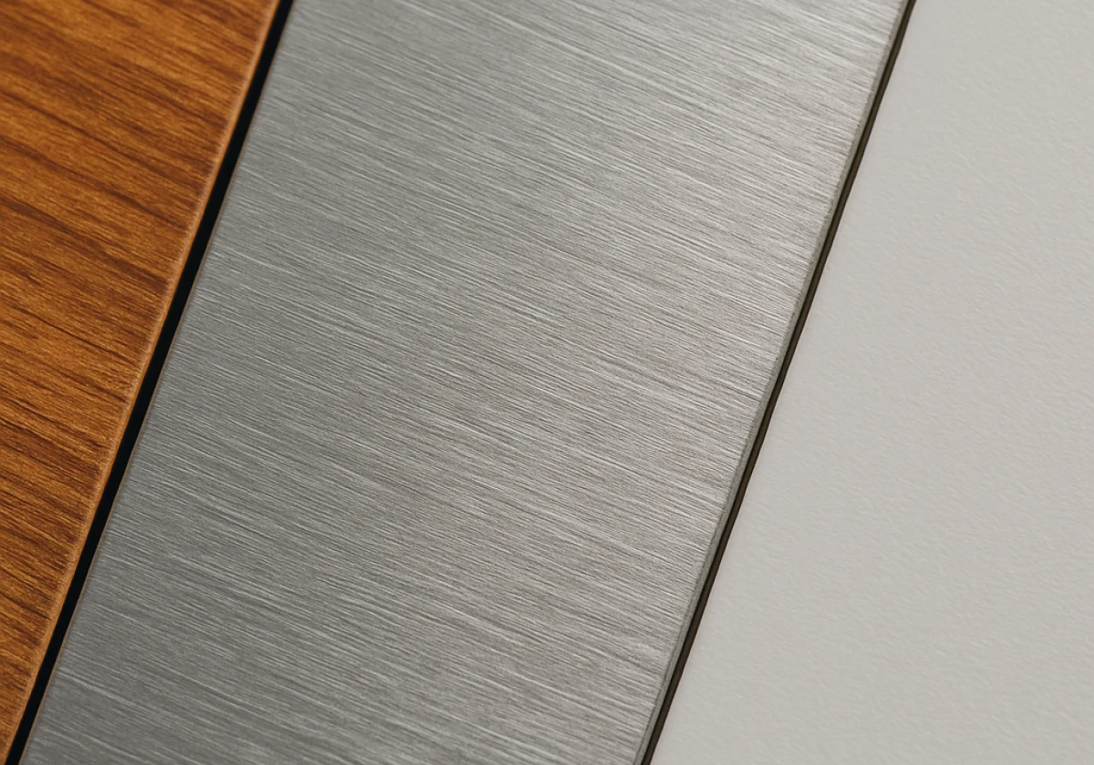Close-up detail of three venetian blind material samples arranged