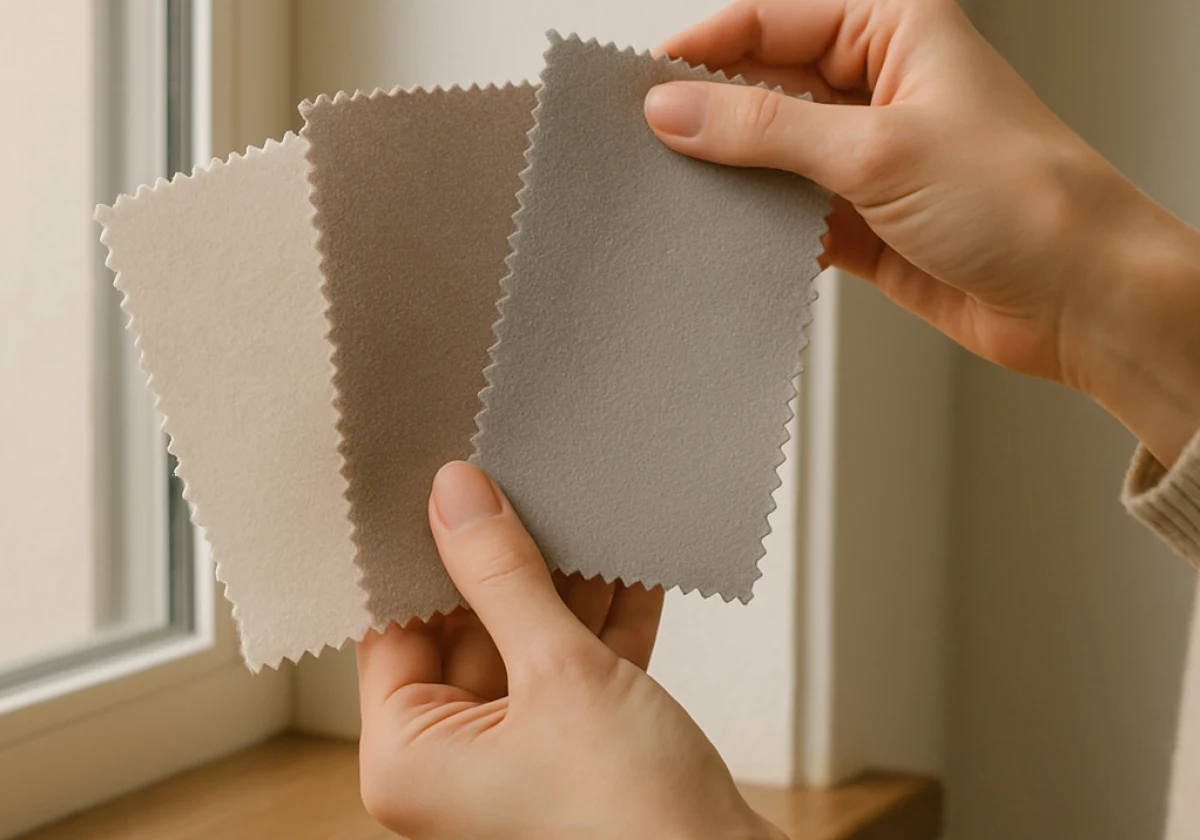 Close-up photograph of a woman's hands holding three fabric swatches