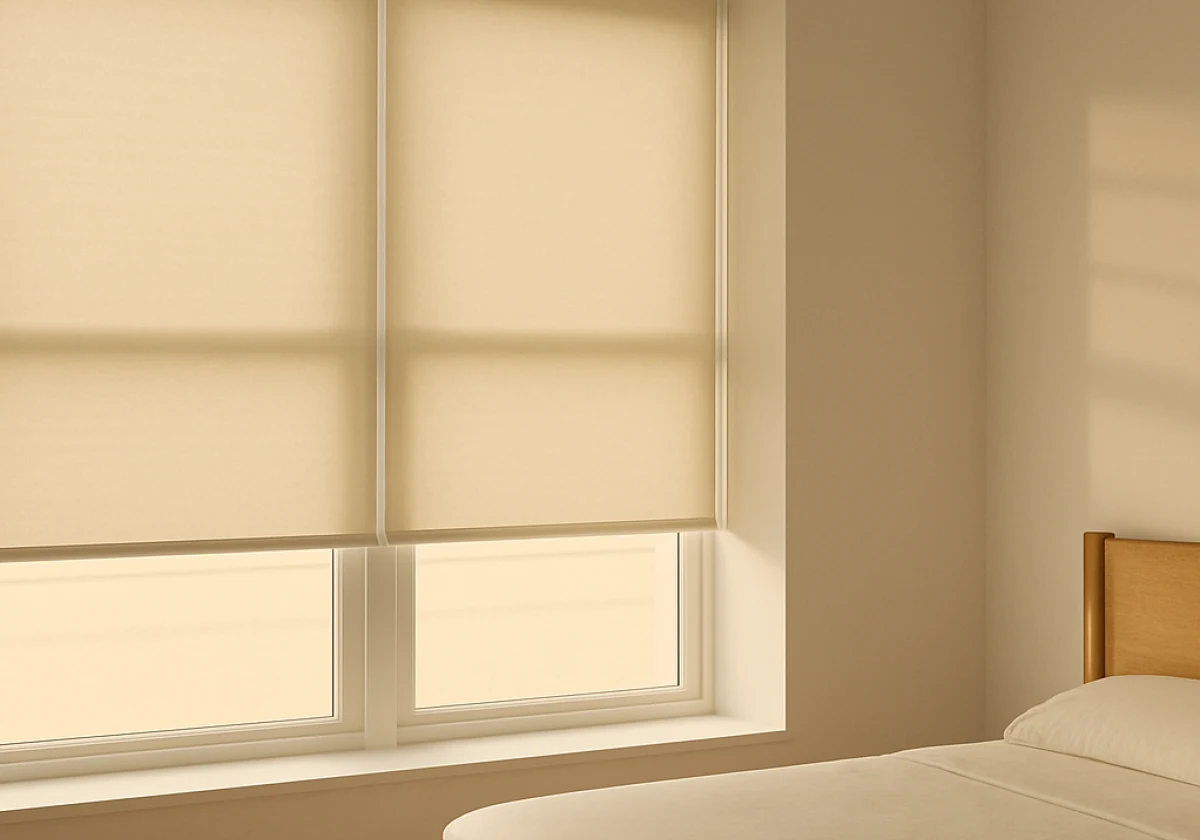 Minimalist bedroom with large windows dressed in cream-coloured roller
