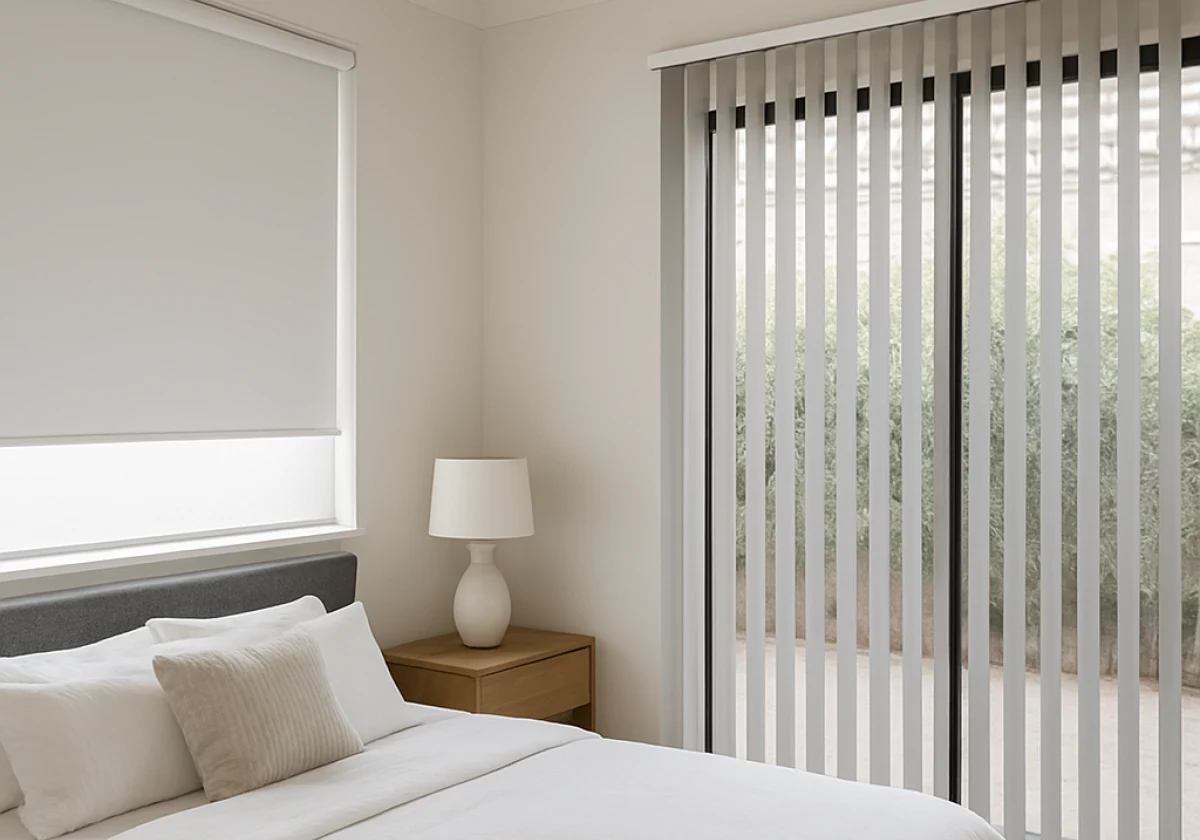 Modern bedroom window dressed on one side with white roller blinds