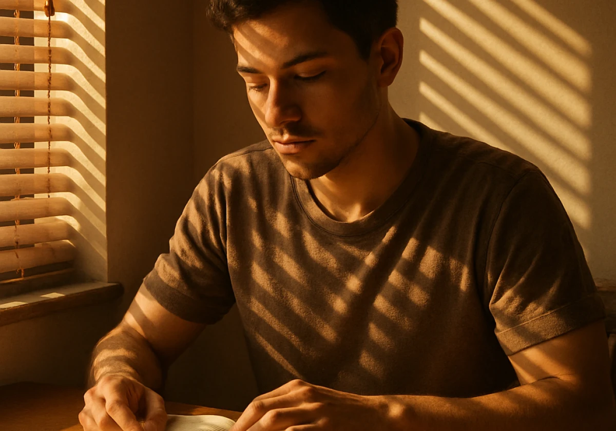 Person reading a book at a desk in afternoon sunlight