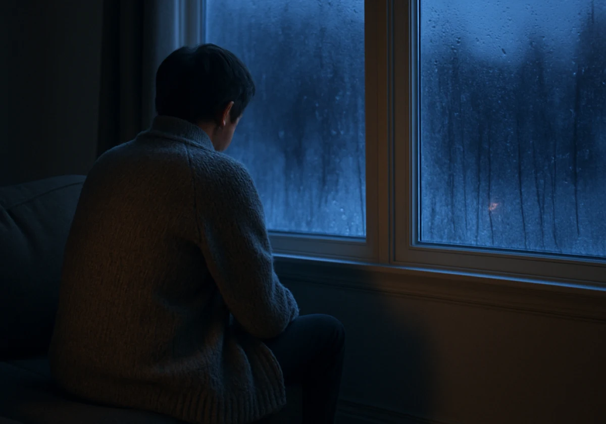 Person sitting on a grey sofa beside a large bare window