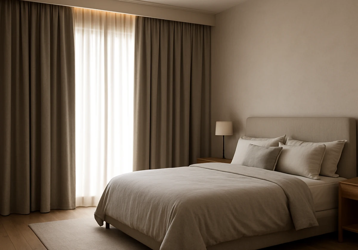 Spacious bedroom with heavy floor-to-ceiling blockout curtains drawn