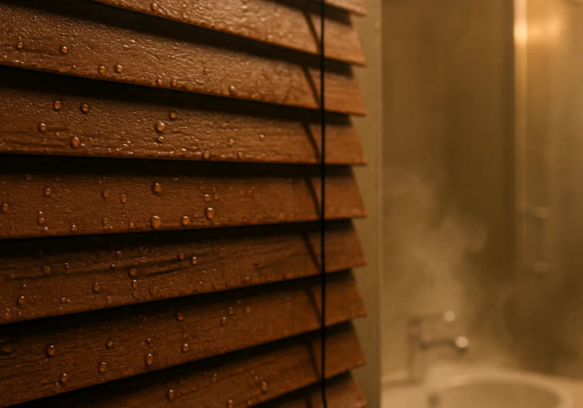 Wooden venetian blinds mounted above a bathroom vanity